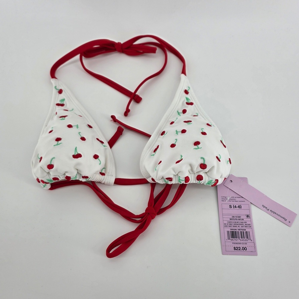 Wild Fable Women White Red Cherry Embroidered Triangle Bikini Top Small NWT 710